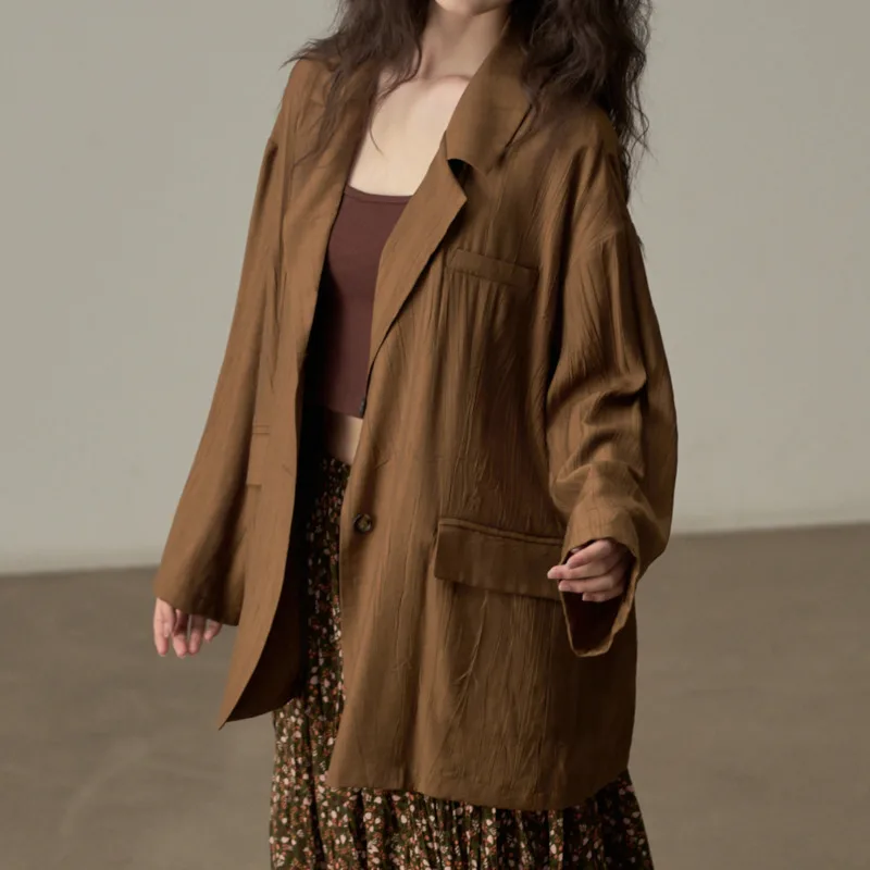 KWTX 2025 Spring Summer Women’s Vintage Streetwear 2-Piece Set Casual Pleated Shirt & Wide Leg Pants Coffee Luxury High Quality