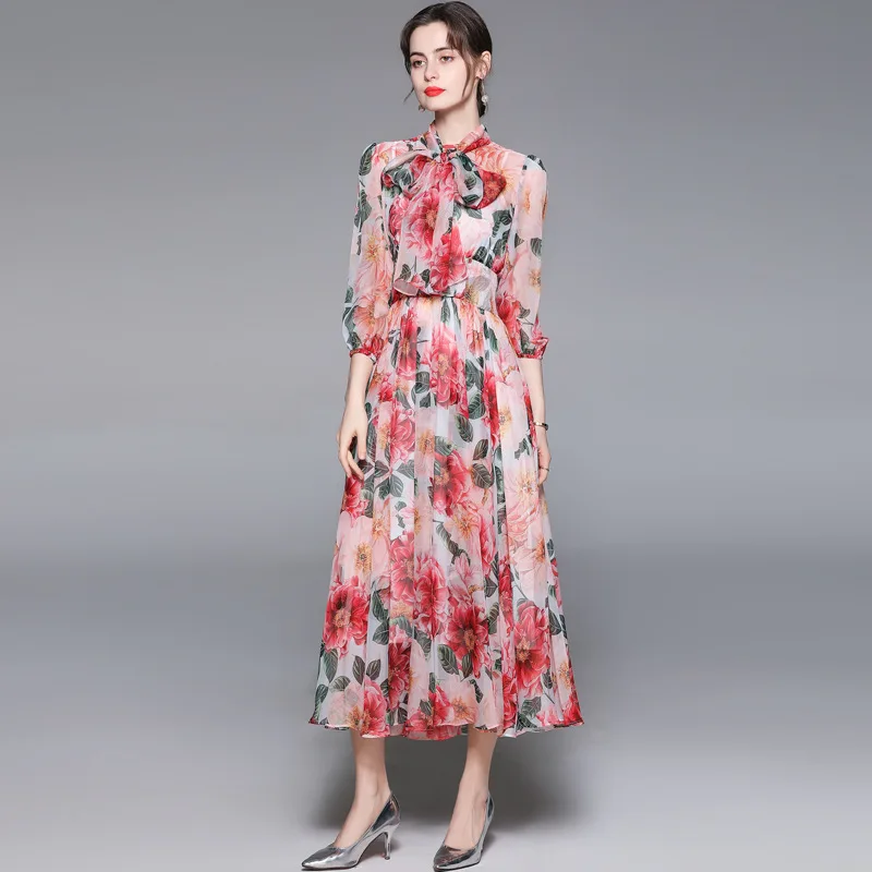 

The New Women's 2024 Women's Temperament Floral Print Pullover Collar Five-quarter Sleeve Ruffle Swing Midi Dress Vintage Dress