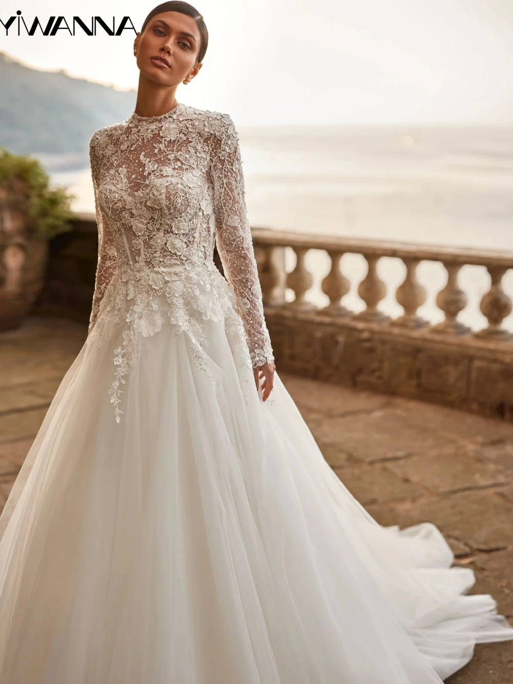 Vestido De novia modesto De manga larga con cuello alto, apliques De lentejuelas, bata De novia elegante, corte en A, bata De novia personalizada