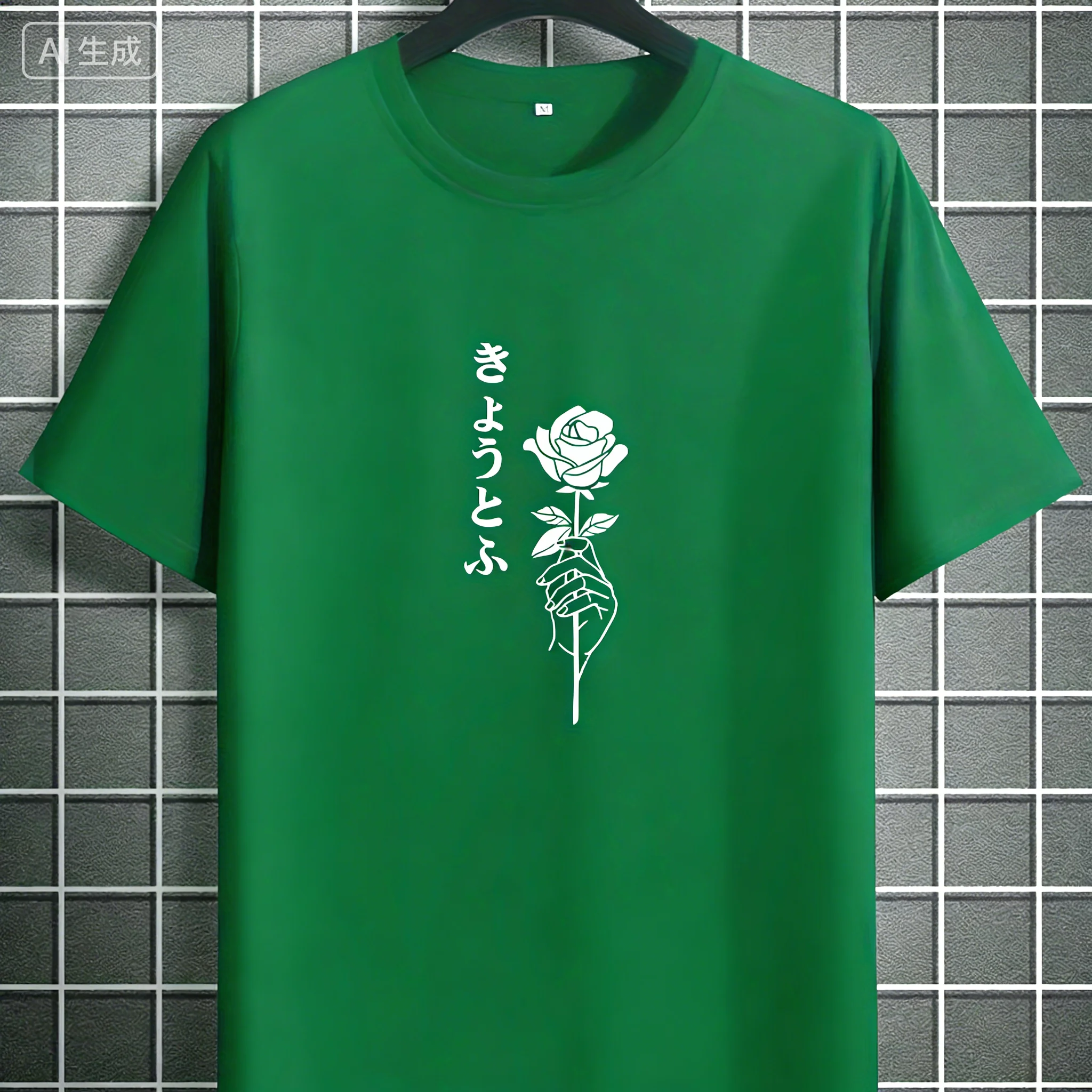 Summer Men's Adult American Style Rose Flower Print 100% Cotton Breathable Short-Sleeved Simple T-Shirt Loose and Comfortable