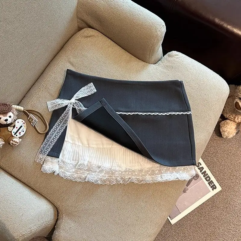 

Милые кружевные лоскутные женские юбки, летние японские мини-юбки с бантом Kawaii, модные юбки трапециевидной формы с низкой талией и разрезом, новинка