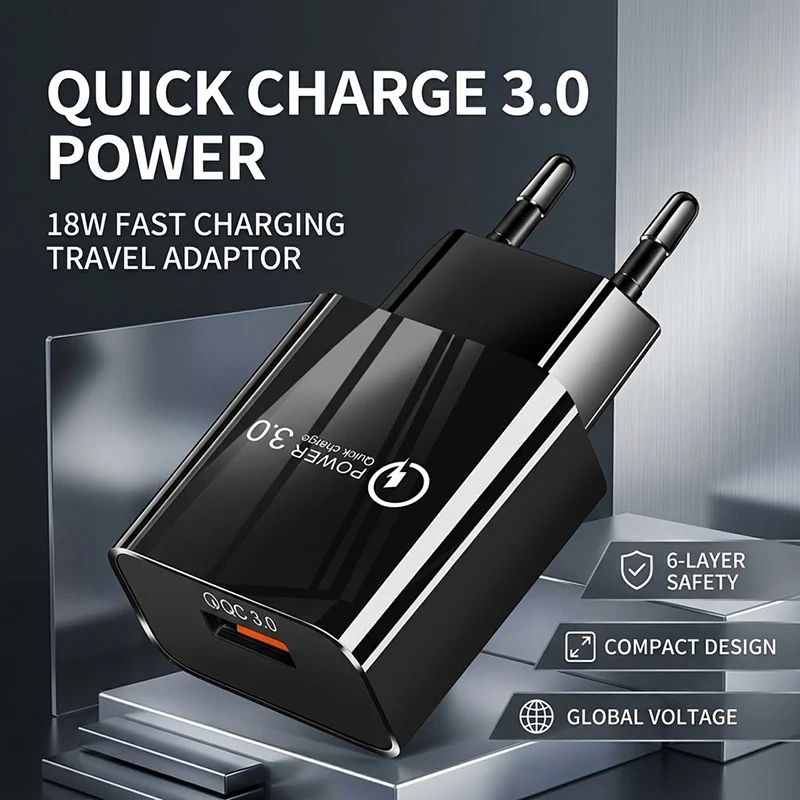 QC3.0 USB Fast Charging Adapter 18W Quick Power Block Travel Wall Plug With Short-Circuit Protection For iPhone 17 For Samsung