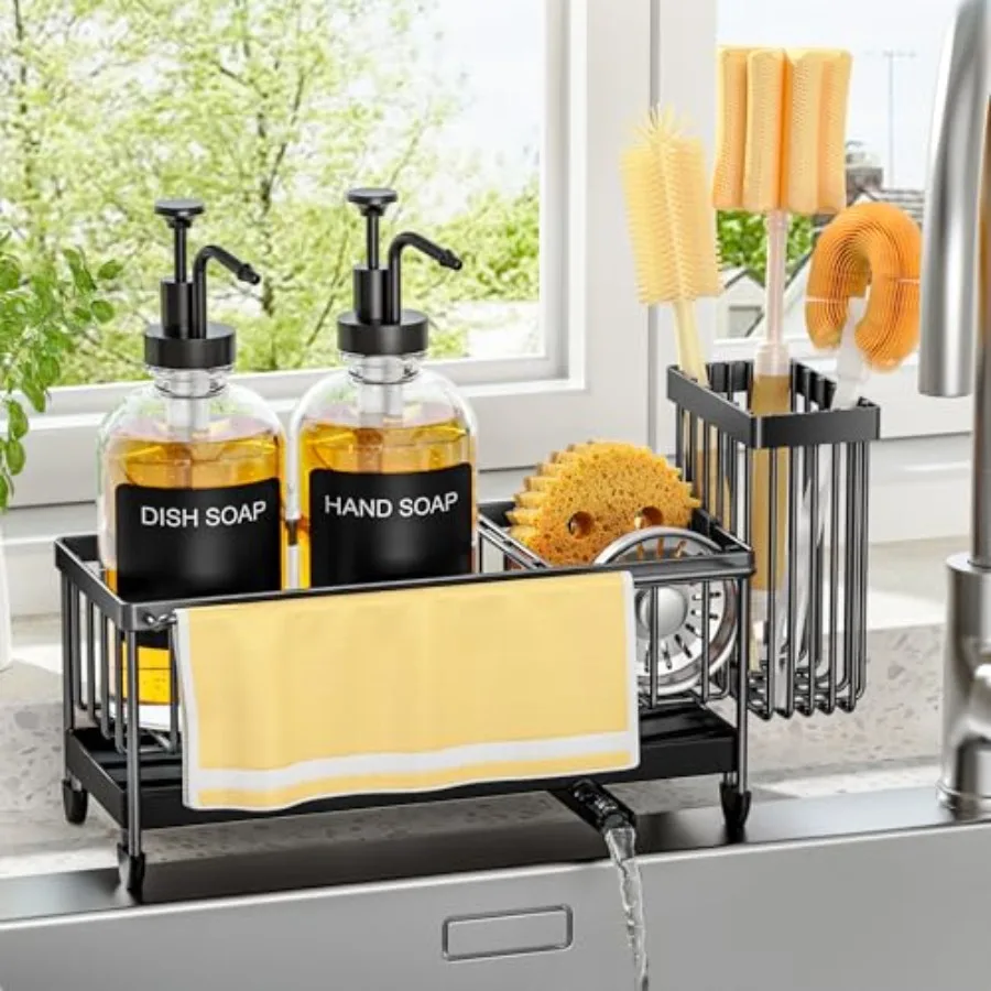 

Kitchen Soap Dispenser Set with Sponge Holder and Towel Rack 17OZ Glass Bottle Hand and Dish Soap Dispenser Set Non-Slip Silico