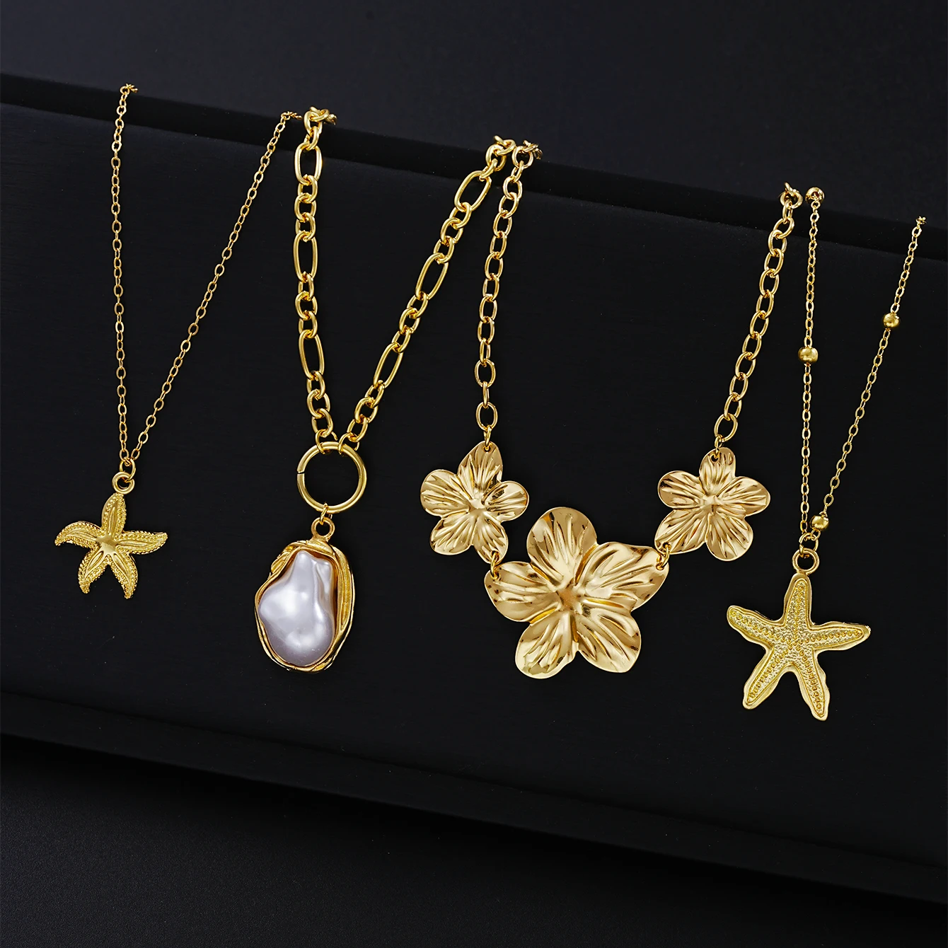 New Flower Starfish Imitation Pearl Pendant Necklaces for Women Fashion Gold Color Multilayer Necklaces Sets Party Jewelry Gifts image 3