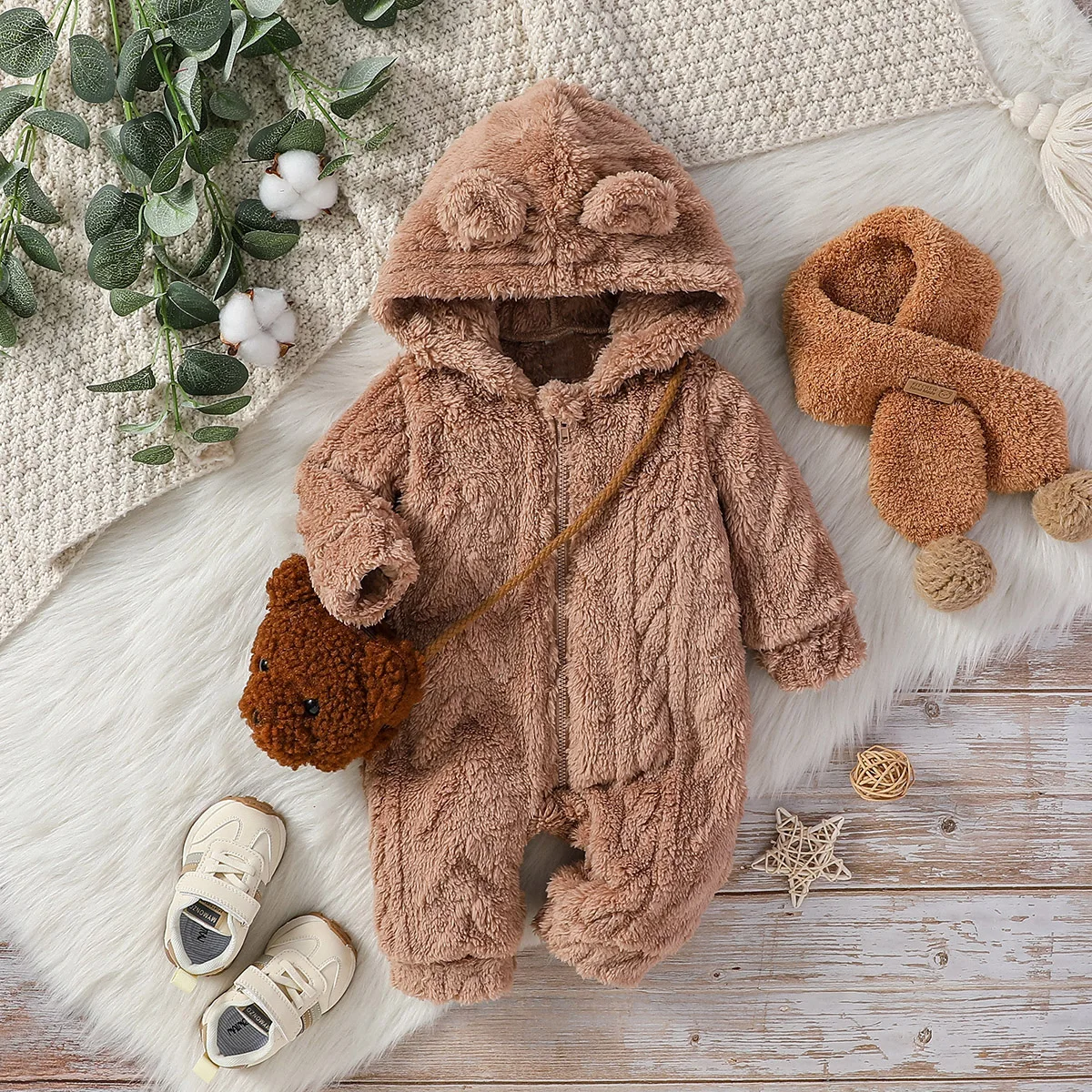 Baby Boys Cute Winter 2024 Long Sleeve Hooded Fashion Plush Jumpsuit For Streetwear Warm Clothes