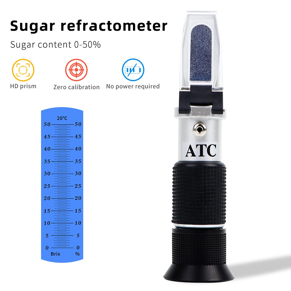 0~50% Brix Refractometer Portable Handheld Sugar Refractometer with Box Concentration Meter for Honey Fruit Juice ATC Beekeeping