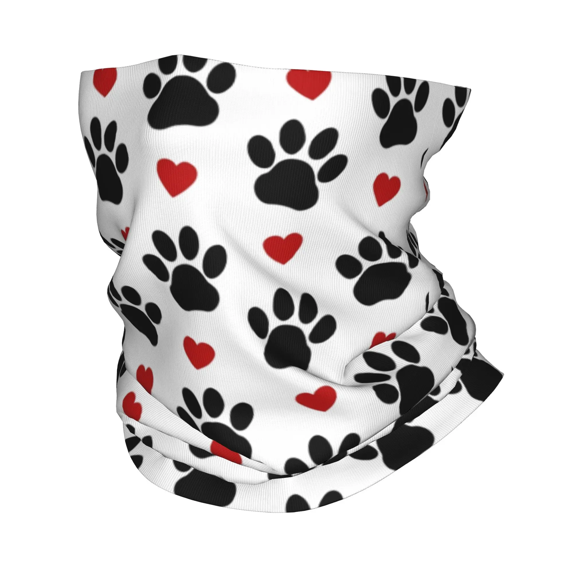 

Custom Of Dog Paw Winter Headband Neck Warmer Men Women Hiking Hunting Tube Scarf Black Paws Red Hearts Face Bandana Gaiter
