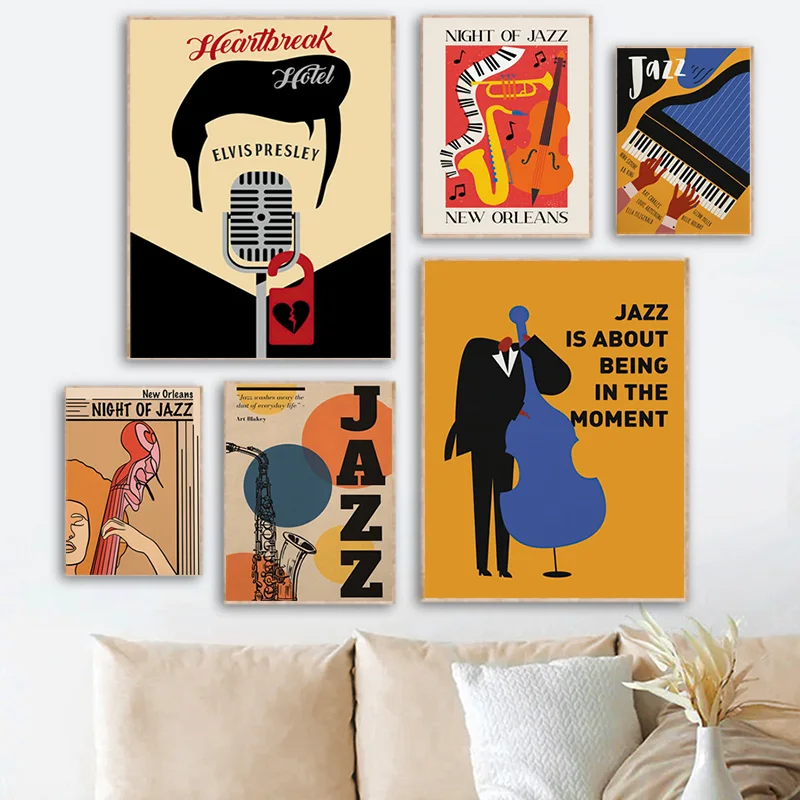 Frameless Jazz Festival Guitar Cello Piano Music Wall Art Canvas Painting Nordic Posters and Prints Wall Pictures for Living Roo
