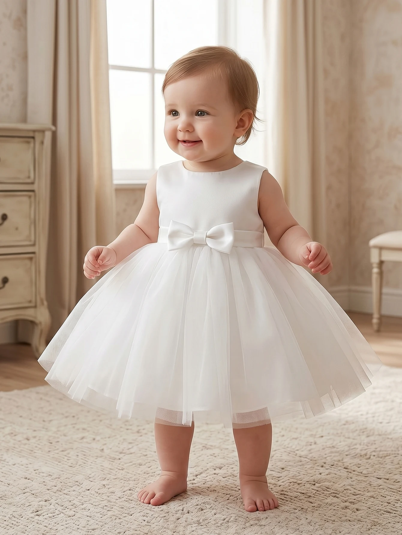 Baby Girls White Sleeveless Tulle Party Dress Satin Bow A Line Princess Gown For Birthday Wedding Baptism Christening Photoshoot