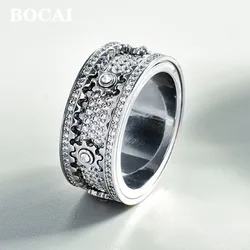 BOCAI S925 Silver Charms Rings for Women  Mechanical Gear-shaped Inlaid Micro Zircon Rotating Good Luck Jewelry Accessory