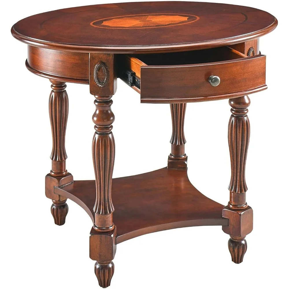 Solid Wood End Table Side Table, Oval Round End Table Nightstand with Drawer, Victorian Antique Vintage Bed Side Table