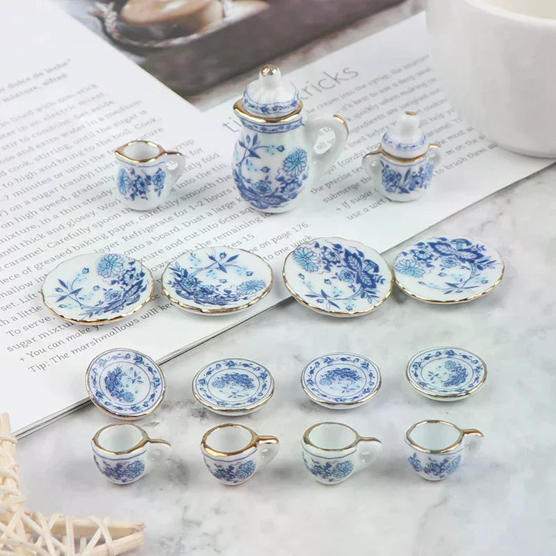 15Pcs High Quality 1:12 Dollhouse Miniature Tableware Porcelain Ceramic Tea Cup Set