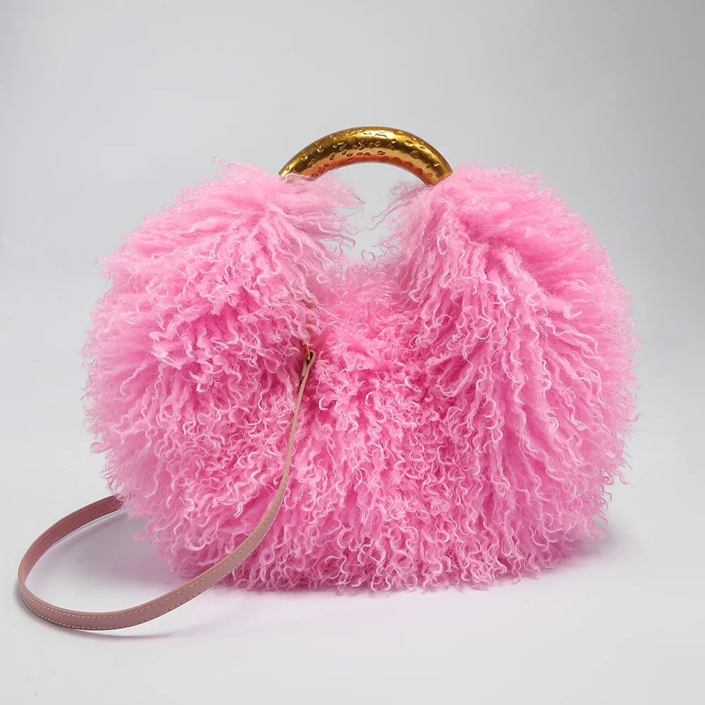 Neue Damen-Handtasche aus Kunstfell, runde Umhängetasche aus Kunstlammfell, flauschige Fell-Tasche – Detail 1