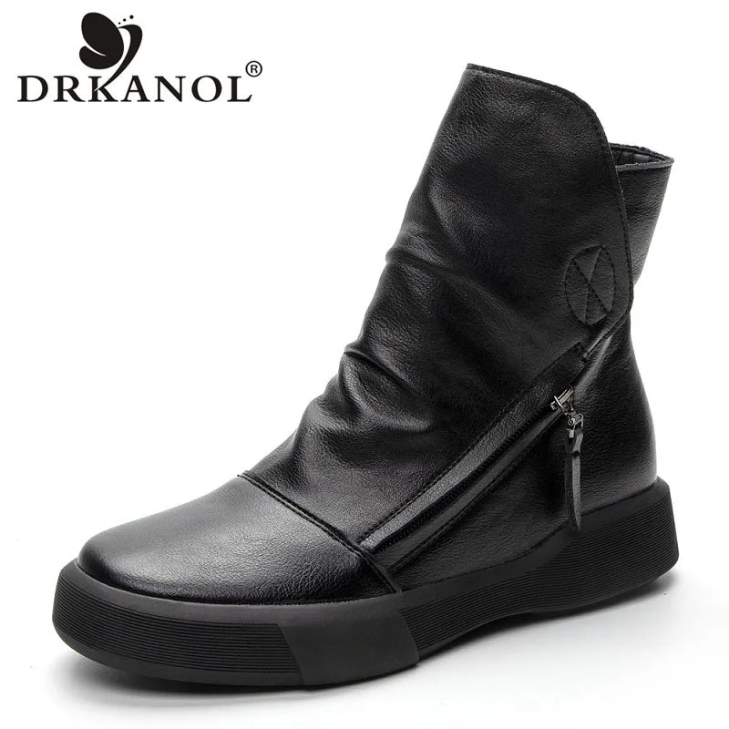 DRKANOL 2024 Vintage PU Leather Women Boots Fashion Solid Black Side Zipper Flat Ankle Boots For Women Winter Warm Boots Shoes