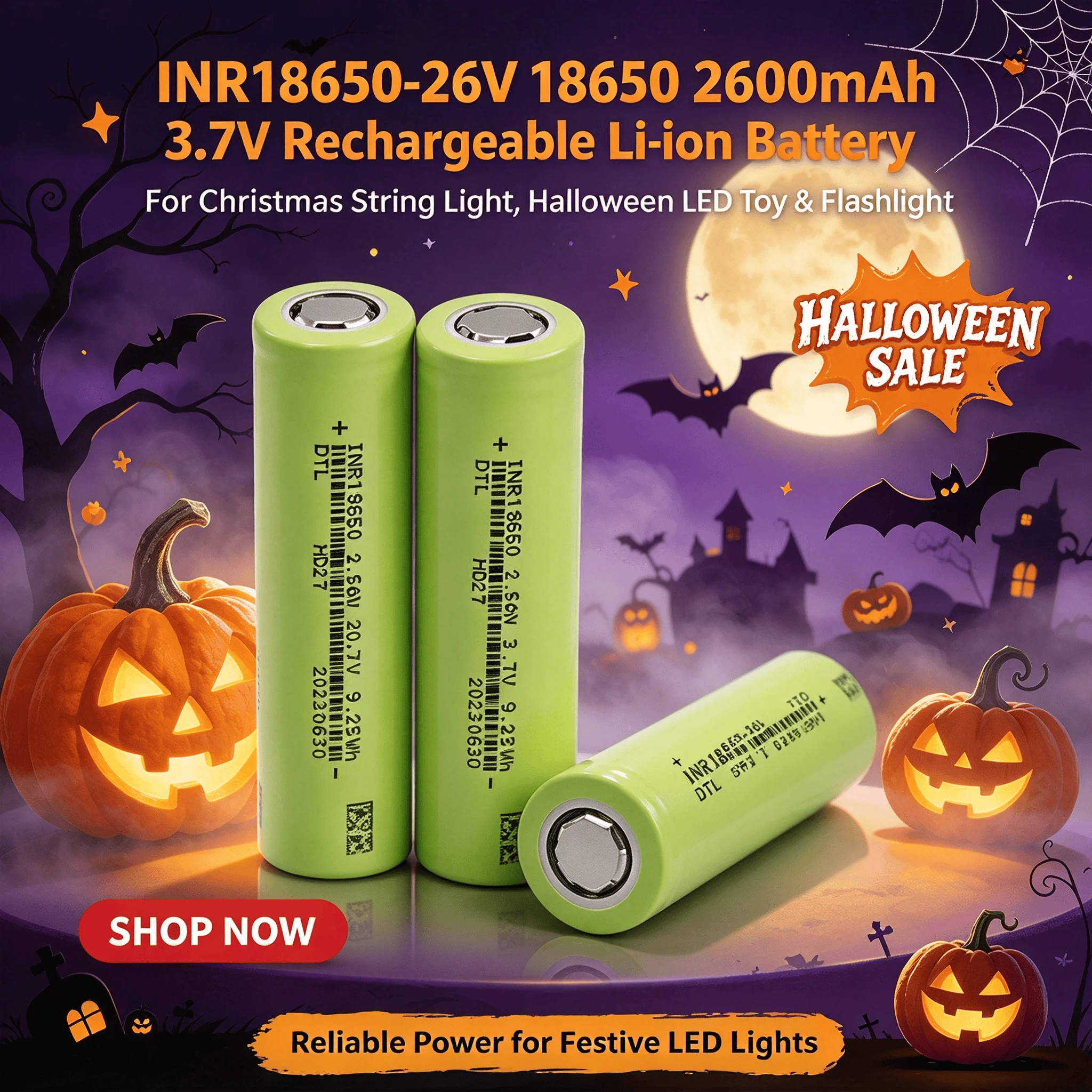 INR18650-26V 18650 2600mAh 3.7V Rechargeable Li-ion Battery For Christmas String Light Halloween LED Toy Flashlight