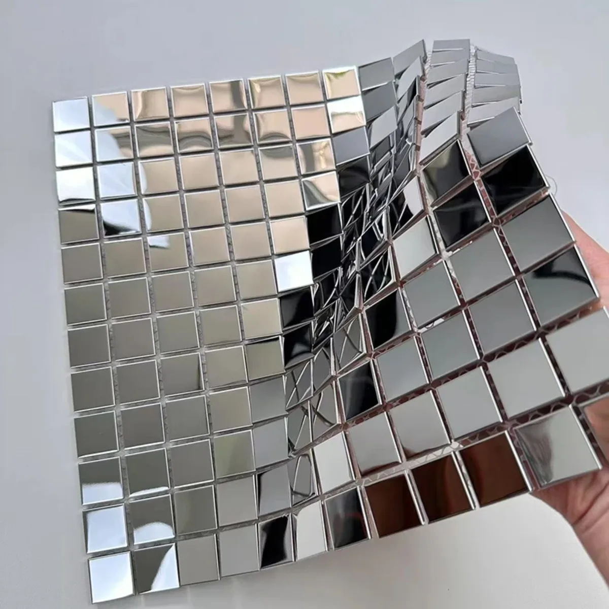 Stainless Steel Mirror Square 3D Mosaic Wall Tiles Metal Waterproof for Bar Countertop TV Background Home Decor Kitchen Panel