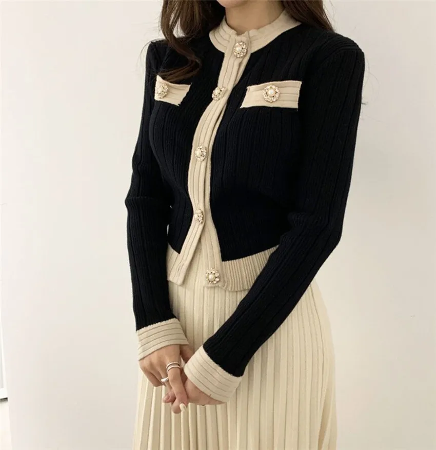 France Autumn Winter Hit Color Knitting 2 Piece Set Women O Neck Single Breasted Cardigan Sweater +Black Long Pleated Skirt Suit