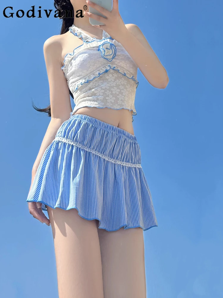 

Summer Sweet Cute Blue Pink Swimsuit Sweet Girls Halter Slim Vacation Bikini Swimming Suit for Women Y2k Swimwear 2025