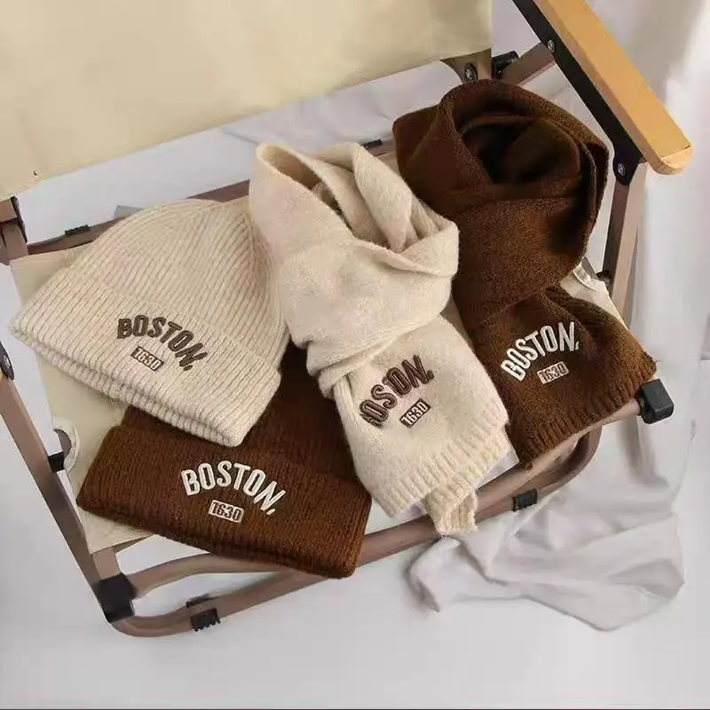 2 Pcs Kids Winter Thick Soft Knit Hat And Scarf Set Embroidery Cold Weather Outdoor Activities