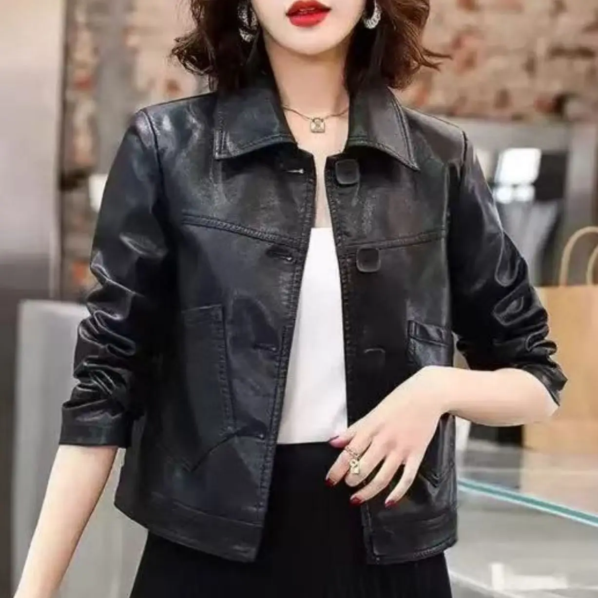 2026 Women's Turn down Collar Single Breasted Stitched Detail Big Pocket Loose Cropped Faux Leather Jacket Comfort Commute Coat