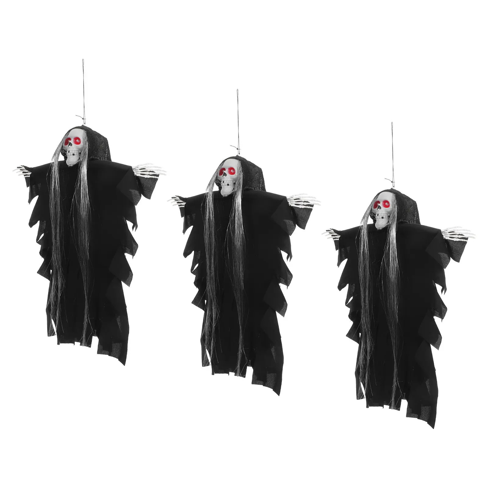 3Pcs Glowing Sound Activated Skull Ghost Halloween Hanging Decorations Spooky Long Hair Haunted Yard Ornaments