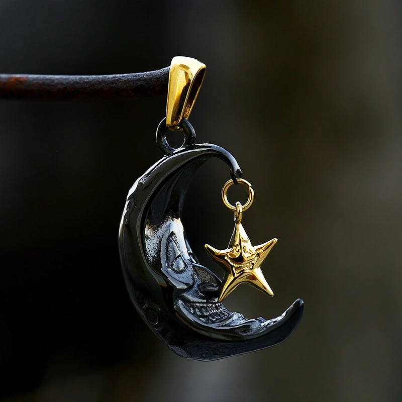 Newly Arrived Jewelry Bright Black Profile Moon Embellished with Gold Color Stars Necklace Pendant UNISEX Punk Necklace Pendant