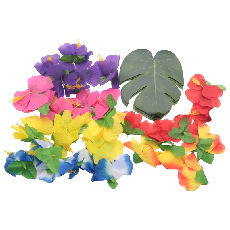 

M16K-60 Pcs Tropical Party Decoration Supplies 8 Inch Tropical Palm Monstera Leaves And Hibiscus Flowers, Simulation Leaf For Ha