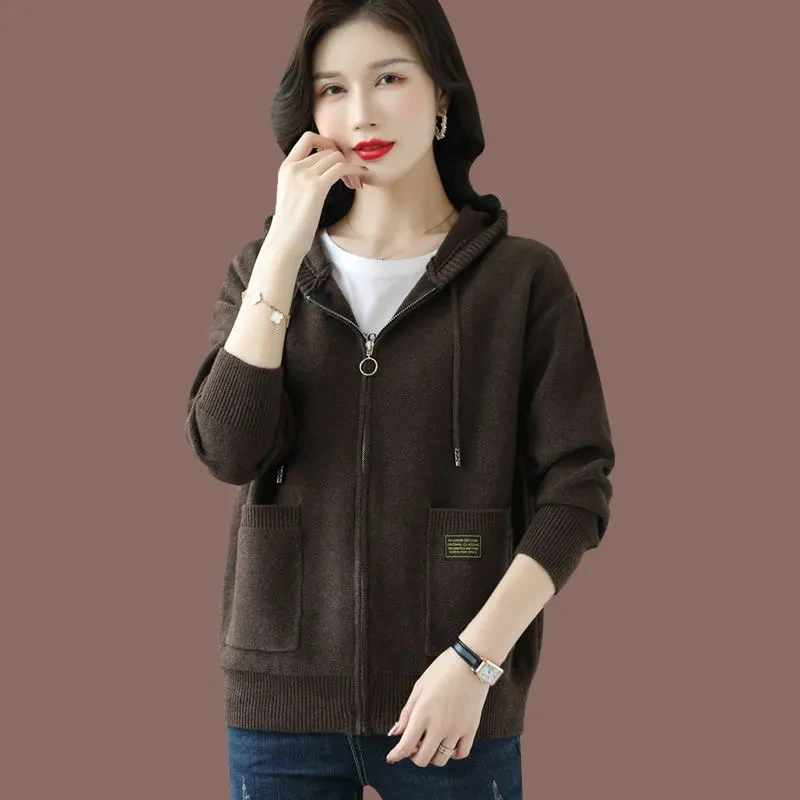 

Women Hooded Knitted Cardigan Spring Autumn Large Size Casual Zipper Sweater Coat Korean Fashion Knitwear Female Tops 3XL Y1432
