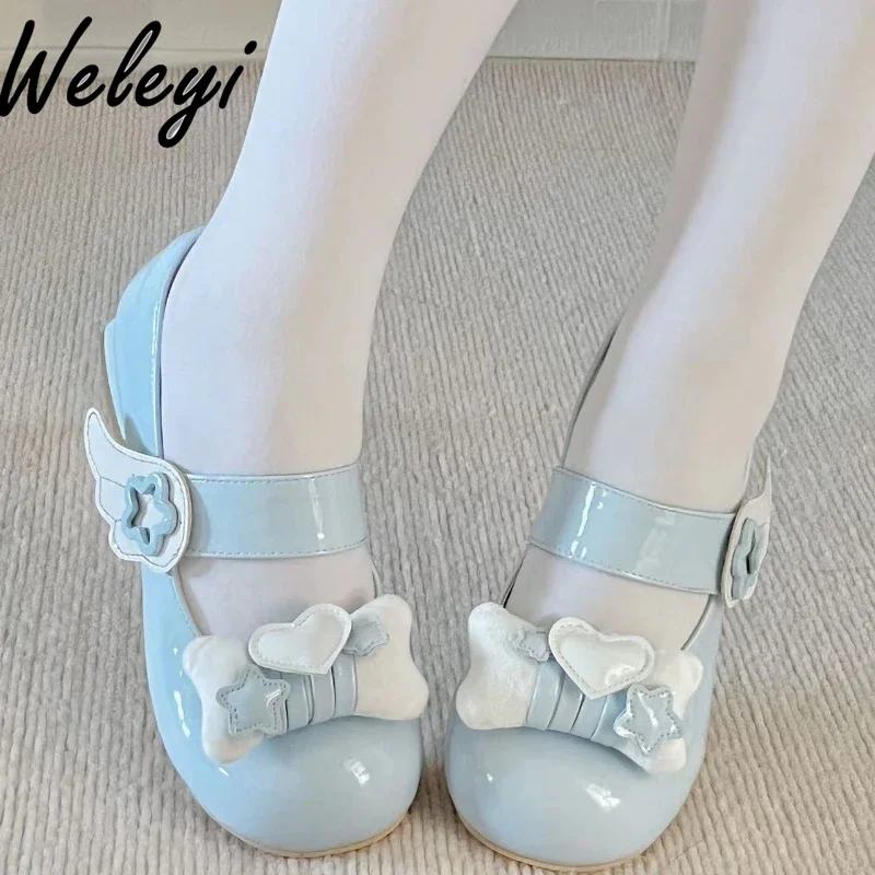 

Original Lolita Sweet Round Head Blue Single Shoes 2024 Summer New Cute Girl Shallow Mouth Flat Mary Jane Small Leather Shoes