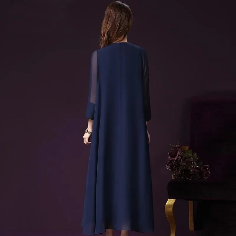 High-End-langes Chiffon-Kleid Frühling Sommer im chinesischen Stil bestickte Kleider Frauen elegantes gefälschtes zweiteiliges Kleid JJ243