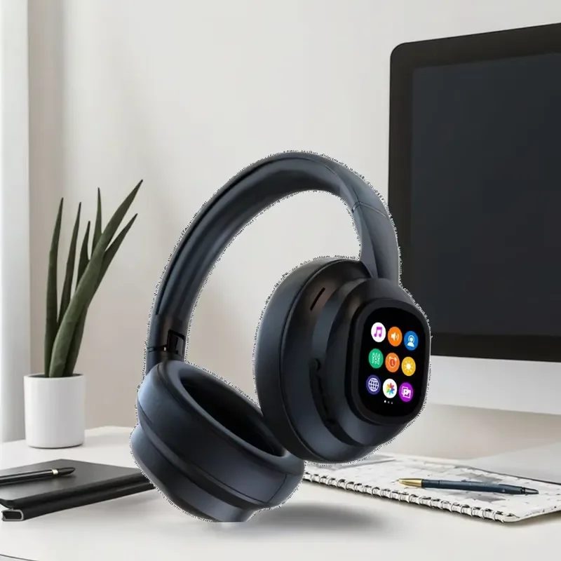 Smart earphones with AI translation screen 30H battery life 6.0 IP65 waterproof metal leather earmuffs