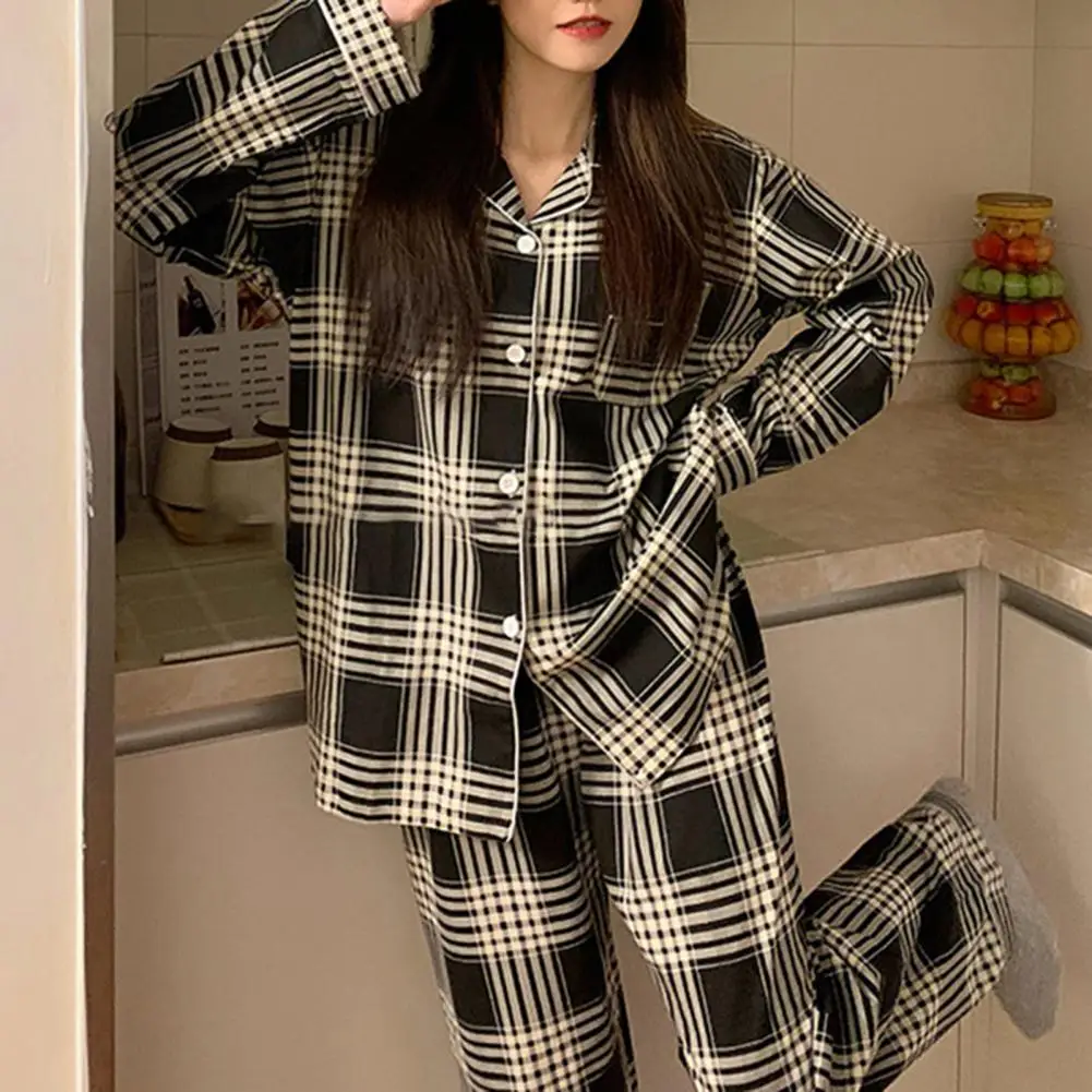 Single-breasted Pajamas Plaid Design Pajamas Plaid Print Women\'s Pajama Set with Long Sleeve Shirt Wide Leg Pants for Spring