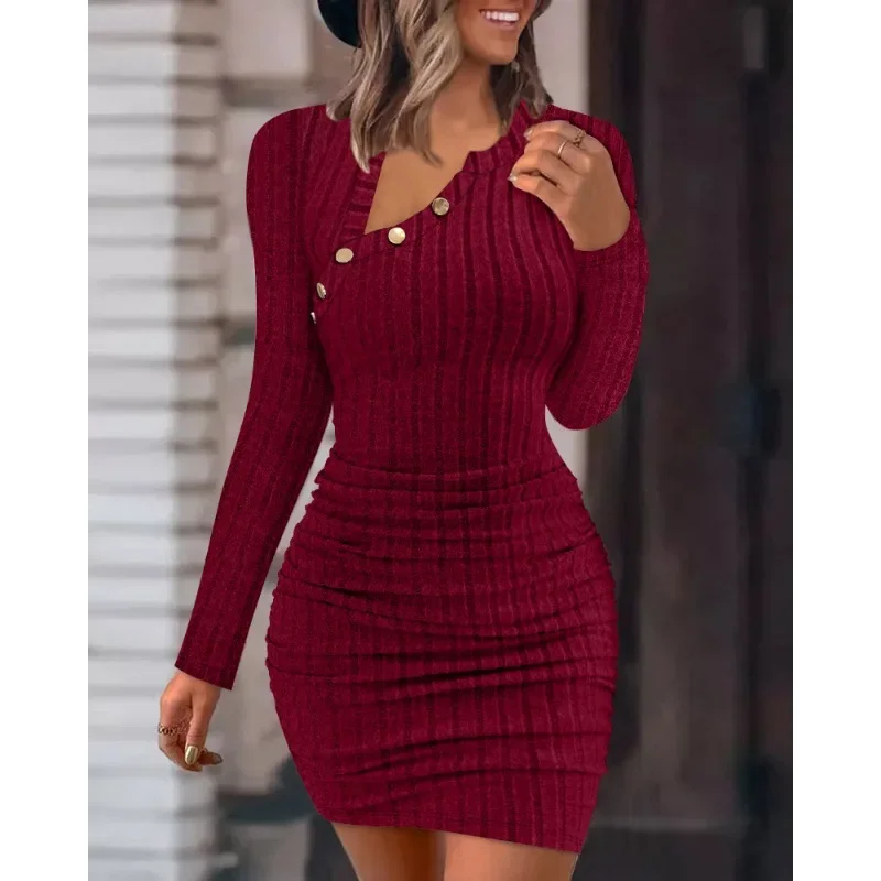 

Asymmetrical Neck Ribbed Bodycon Dress Women Elegant Fashion Long Sleeve High Waist Corset Folds Stretch Dress Y2K Chic Clothes