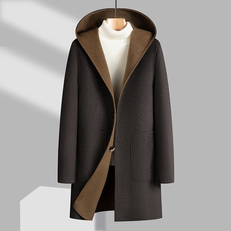 Double Sided Wearable Overcoat Men's Mid-Length Hooded Two Buttons Woolen Coat High Streetwear Loose 70% Wool Windbreaker Jacket