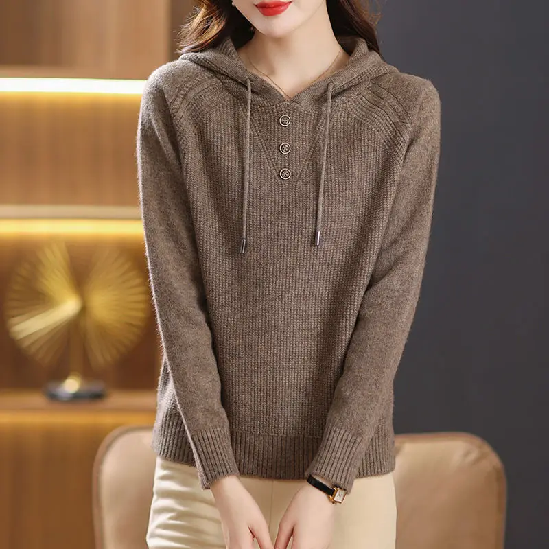 2023 New Women\'s Clothing Knitted Long Sleeve Hooded Commuter Autumn Winter Casual All-match Solid Color Sweaters Jumpers