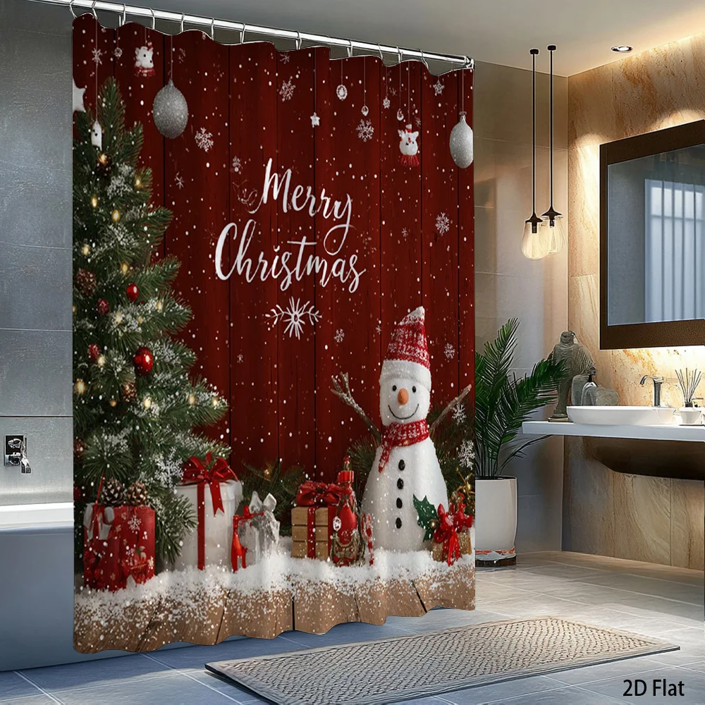 1pc 2D Flat Shower Curtain, Cheerful Snowman Pine Tree Printed Shower Curtain, Decor for Bathroom