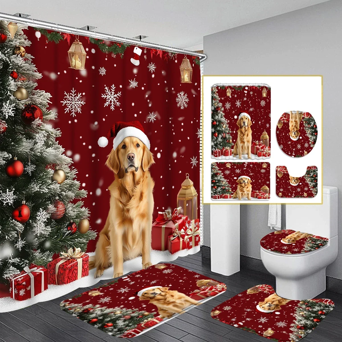 Christmas 1/4PC dog snowflake shower curtain set waterproof shower curtain and waterproof non-slip carpet,12 hooks included