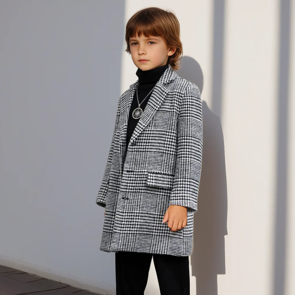 

Boys Wool Blend Coat British Style Trench Mid-Long Winter Jacket for Child School Formal Wear Thicken Warm Teen Kids Plaid Coat