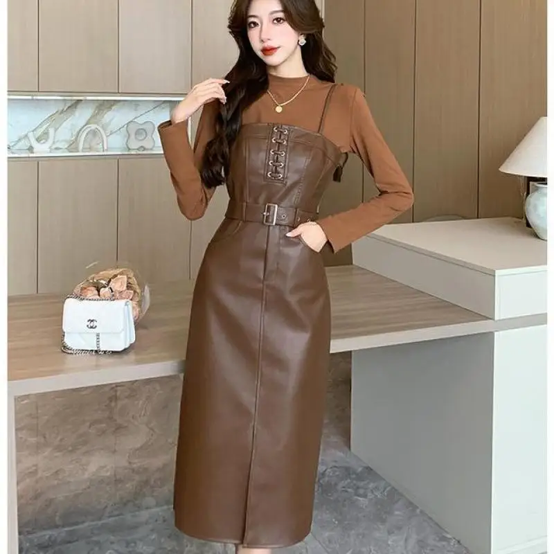 Women's Spring Autumn Bottoming Tops PU Sling Dress Two Piece Set Lady Graceful Slim Midi Camisole Dresses Pullover Outfits 2024