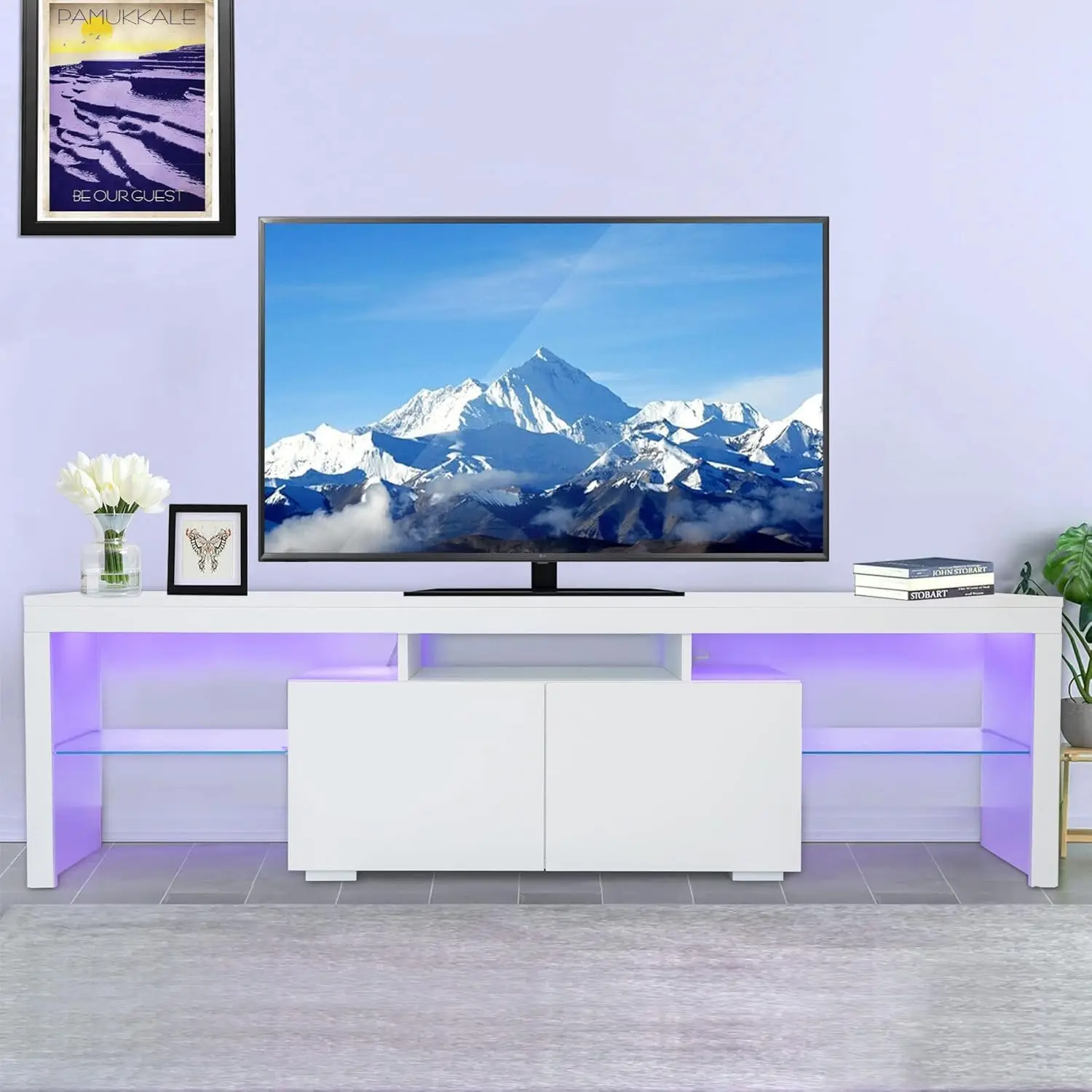 

White LED TV Stand for 75 Inch TV, High Gloss TV Entertainment Center with Storage Drawer, TV Console Table