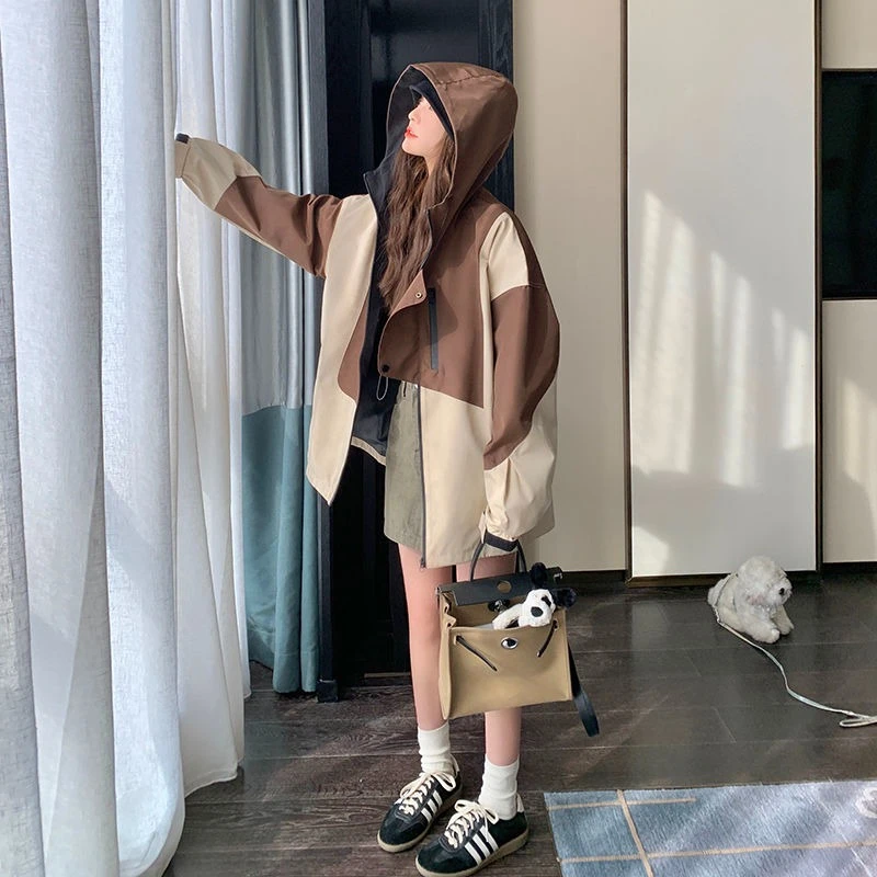 

2025 женская свободная куртка с капюшоном и высоким воротником, повседневная весенне-осенняя верхняя одежда, утягивающая ветровка в стиле Харадзюку