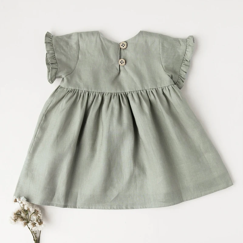 55% Linen 45% Cotton Short Sleeve Girls Dress 2022 Summer New Cute Little Girl Casual Sweet Petal Sleeve Princess Dresses TZ055