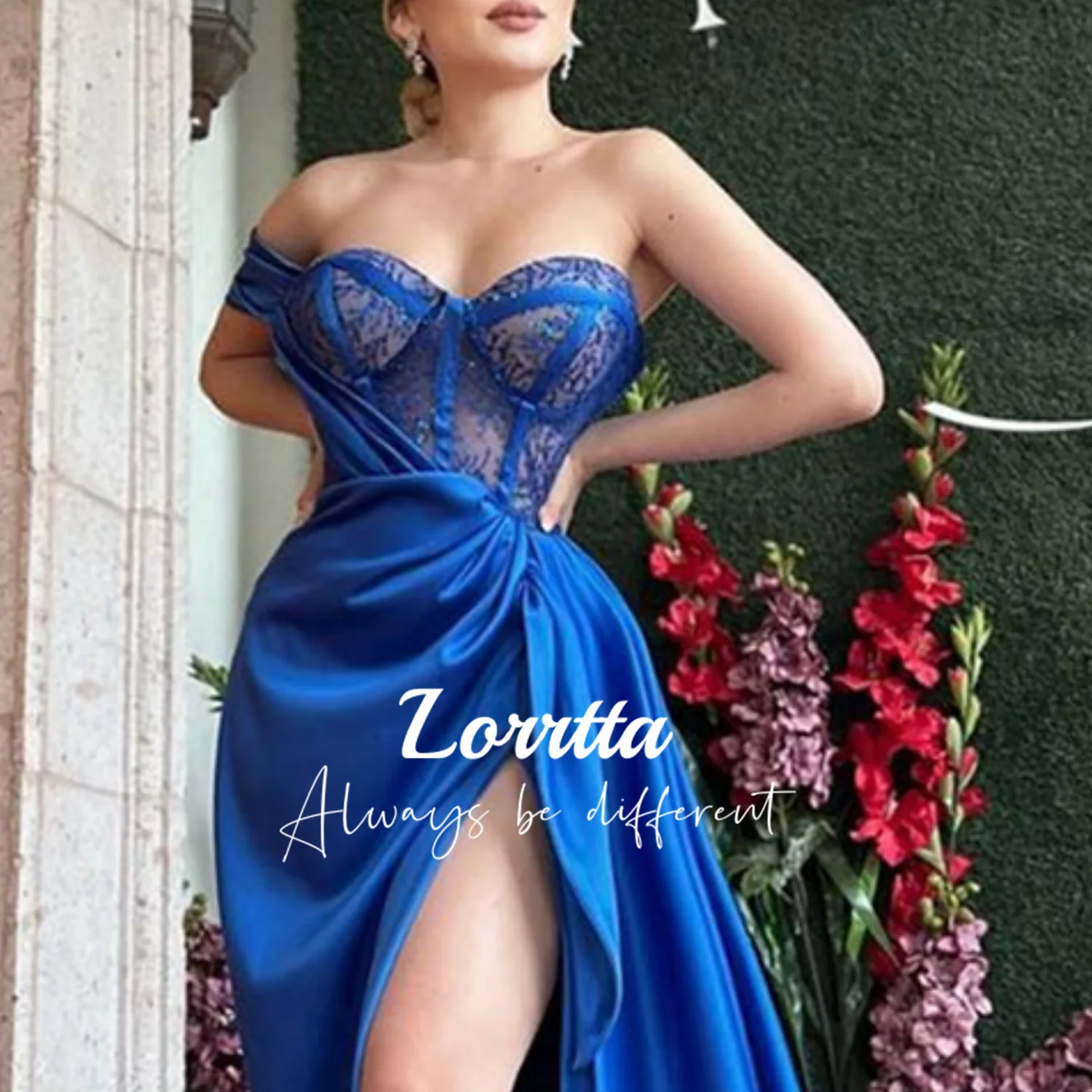 Lorrtta Blue Applique Satin Sexy Mopping Length High Side Slits Folds Sweetheart Neckline Fish Tail Dresses for Special Events