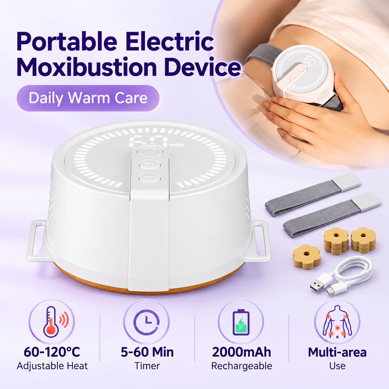 Electric Moxibustion Box Rechargeable Heat Device Adjustable Temperature Timer Portable Moxa Warmer with Straps for Home Use
