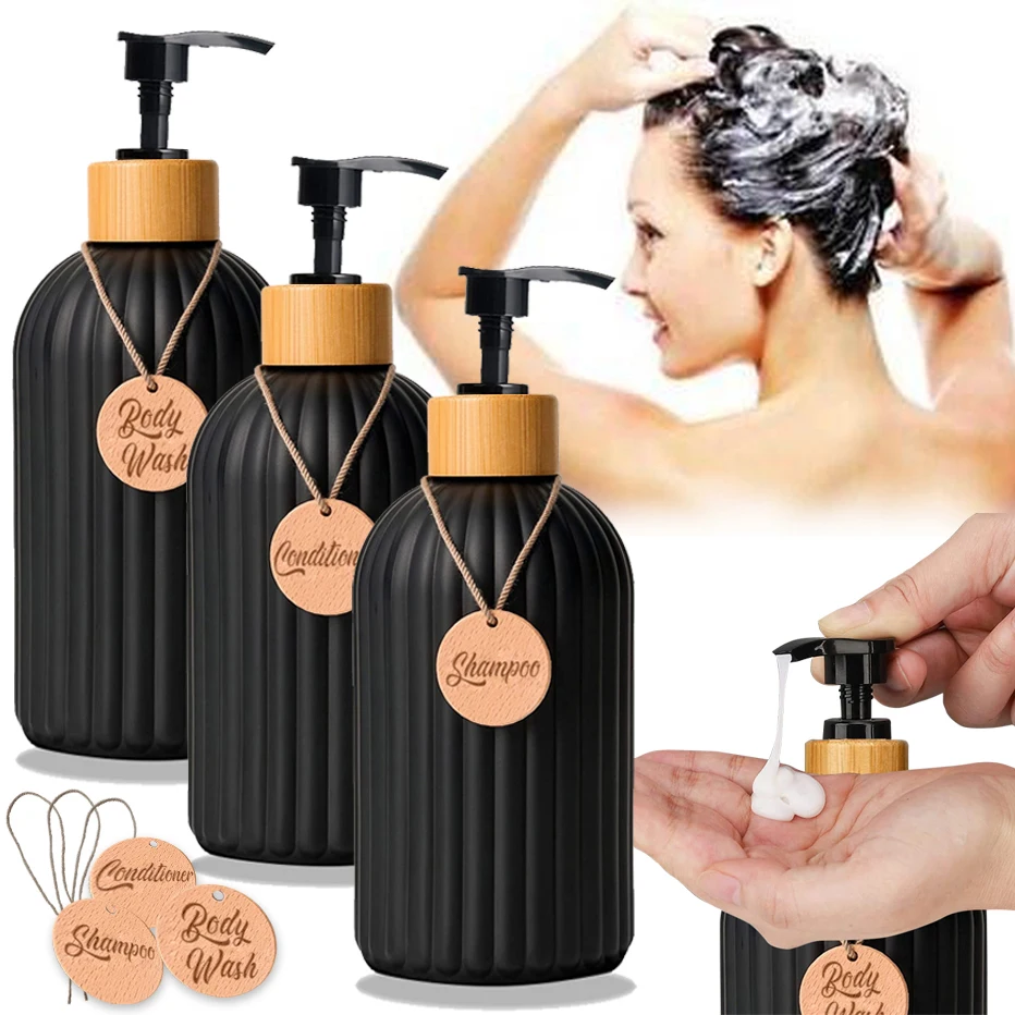 3Pcs Shampoo and Conditioner Bottle Dispenser with Tags Matte Black Lotion Body wash Dispenser for Bathroom Shower