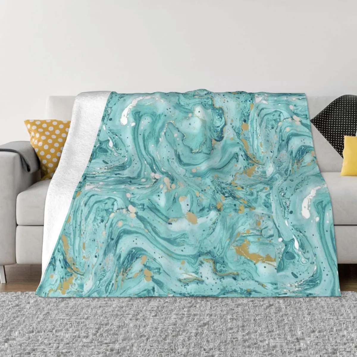 

Marble Design - Gold Effect - Turquoise Blue, Teal Marbling Throw Blanket For Sofa Thin Blankets For Baby blanket for winter