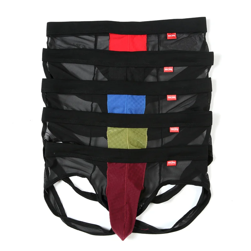 5PCS Men's Underwear G-String Plaid Nylon Ice Silk Slip Mesh Thongs Transparent Bag Back Empty Thong Jockstrap sissy Panties