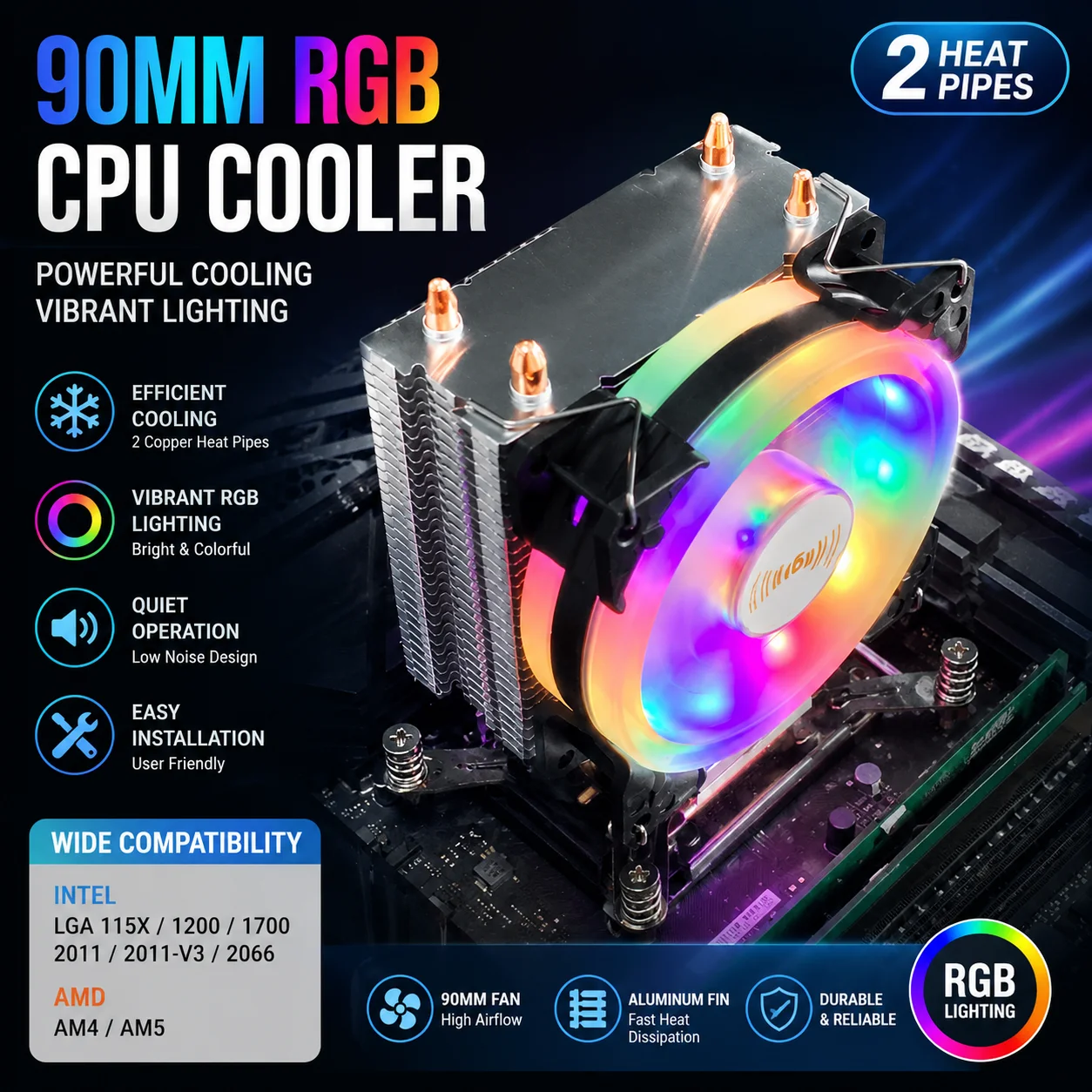 2 Heat Pipes CPU Cooler RGB PC Cooling Fan Heatsink for Intel LGA X99 1366 1150 1151 1155 1200 1700 2011 X79 AMD AM3 AM4 AM5