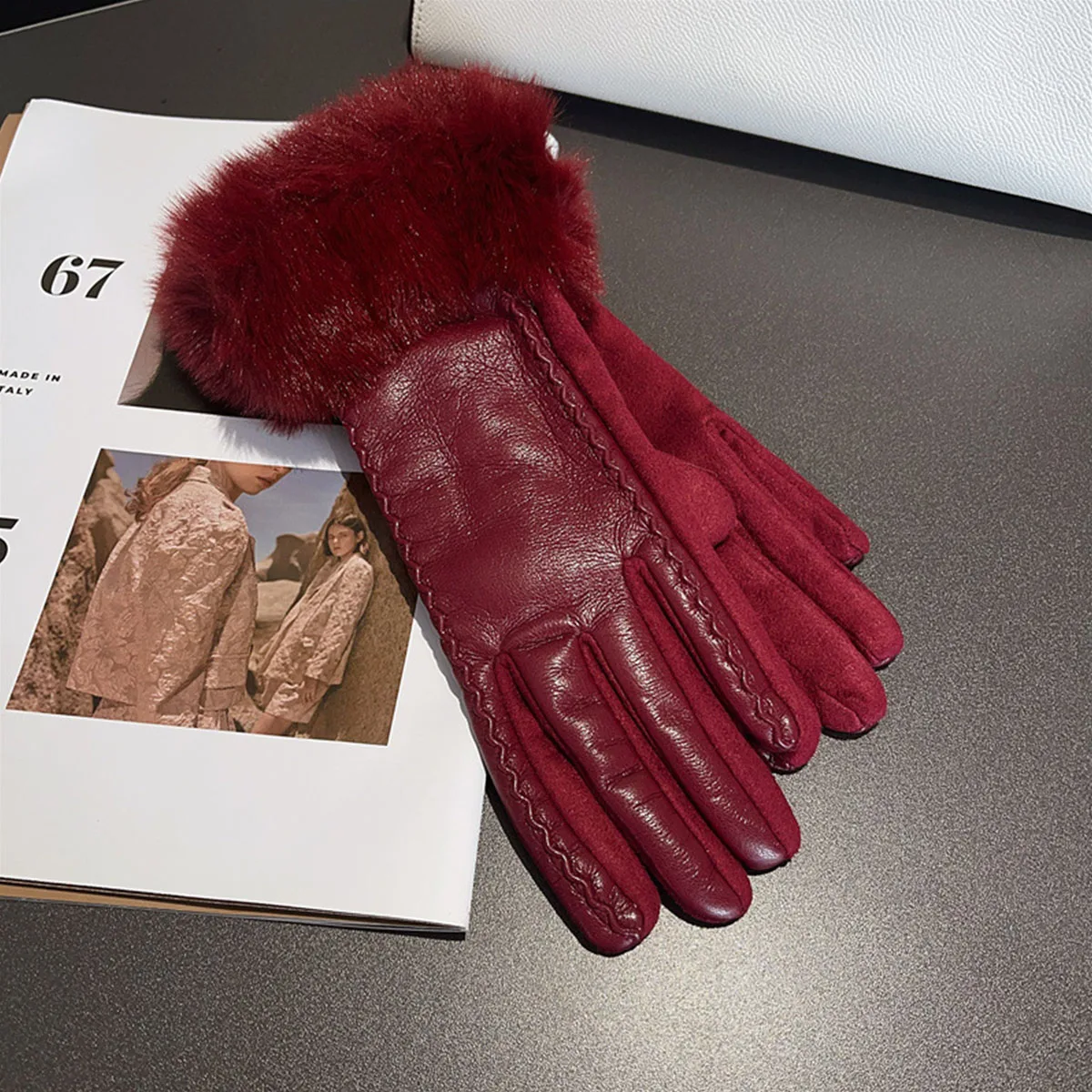Women's Winter Luxury PU Leather Gloves Wrist Soft Faux Fur Trim Cuff Fashion Elegant Party Warm Touch Screen Drive Cycling