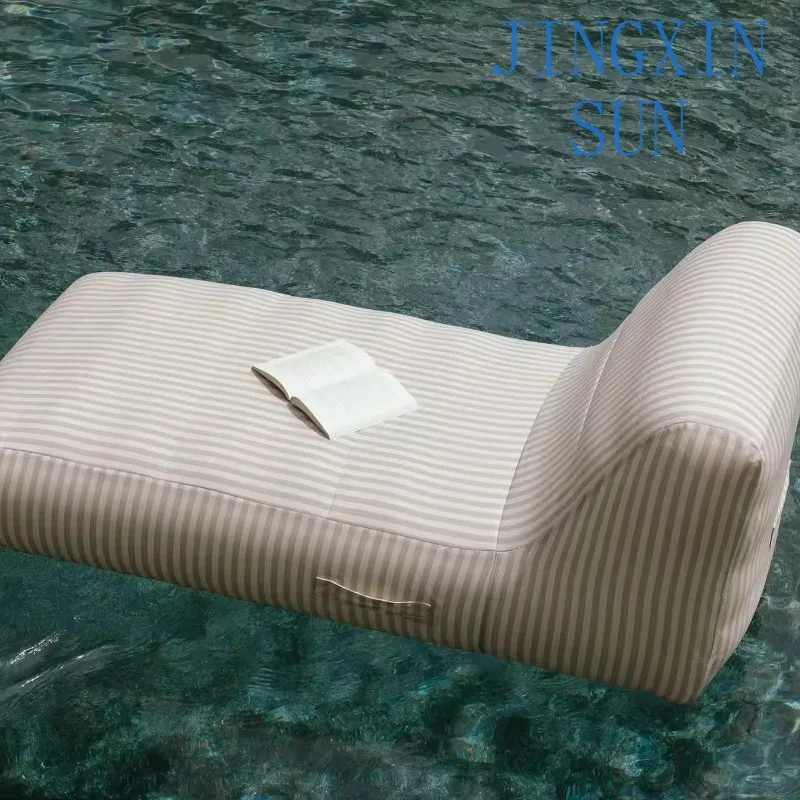 Inflatable pool floating luxury loungers, ivory/linen stripes, sunbathing inflatable loungers